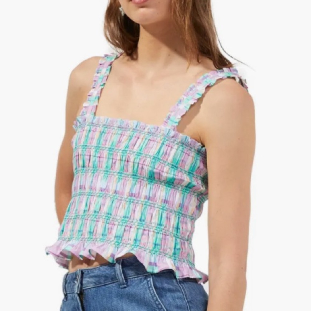 French Connection Women’s Smocked Check Organic Cotton Tank multi color6 & 8 NWT